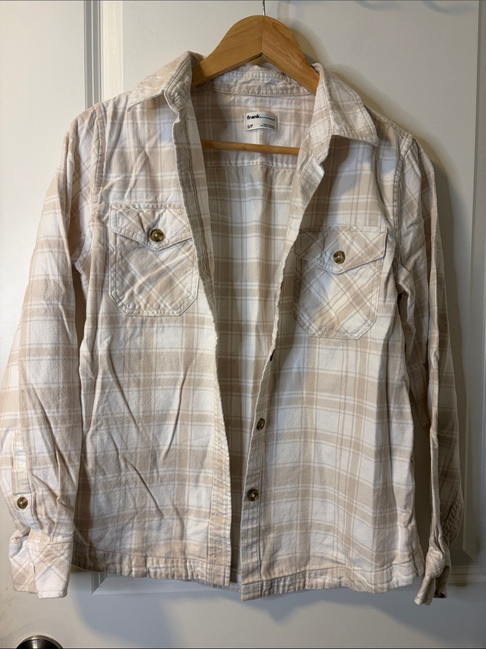 Frank & Oak Beige and Cream Plaid Button-Front Shirt Jacket